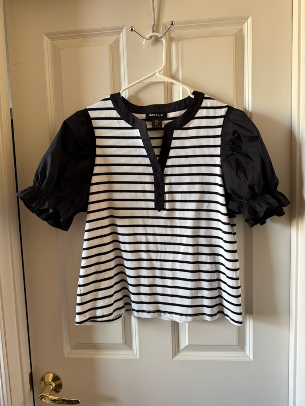 Bailey 44 Black and White Striped Puff Sleeve Henley Top